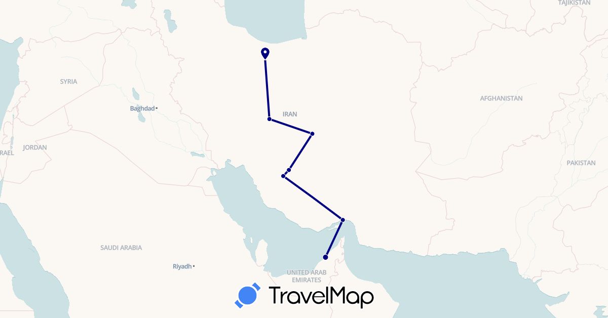 TravelMap itinerary: driving, plane in United Arab Emirates, Iran (Asia)